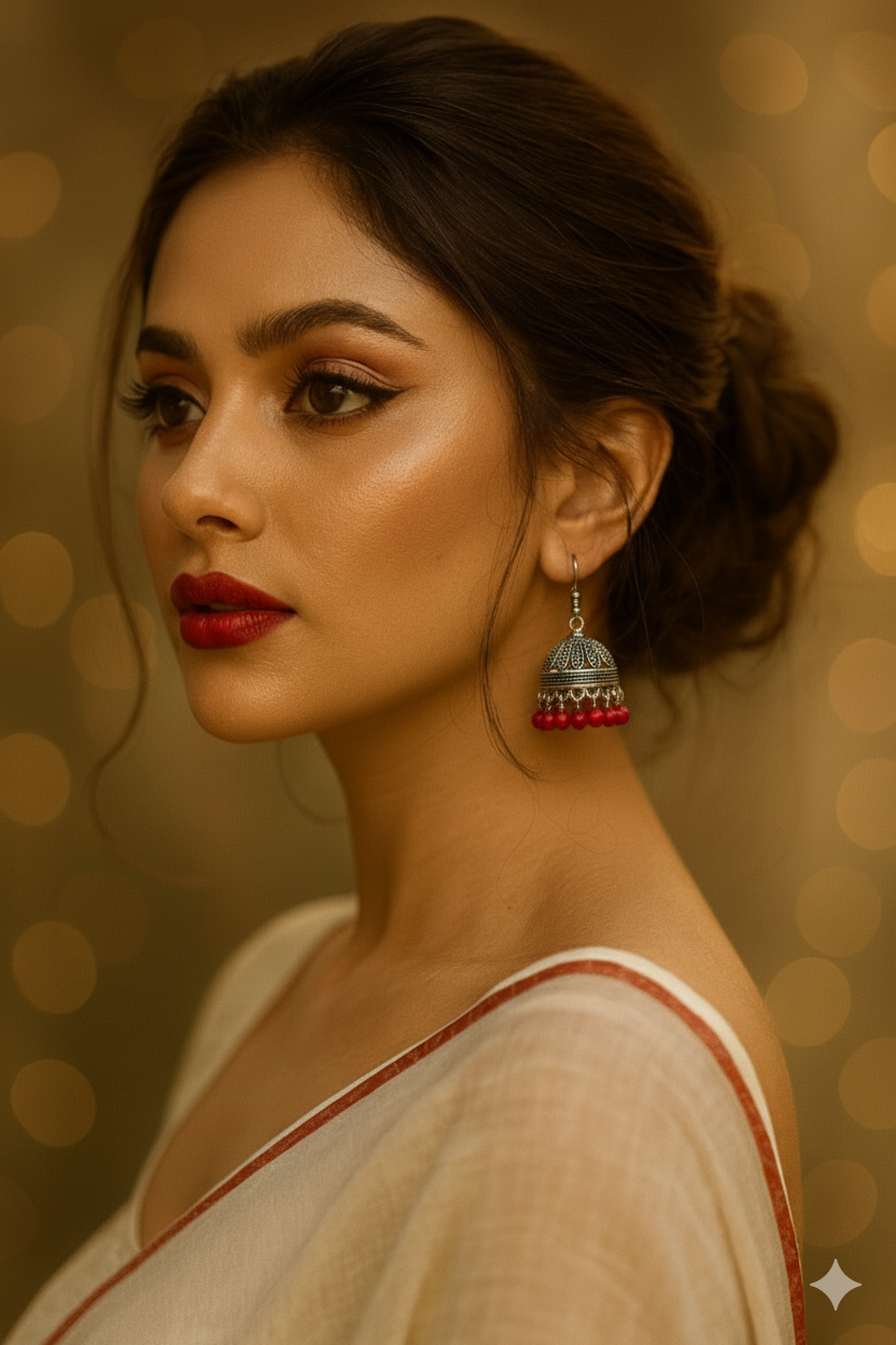 silver katuri jhumki with maroon beads-(Noor-Bano-Collection)