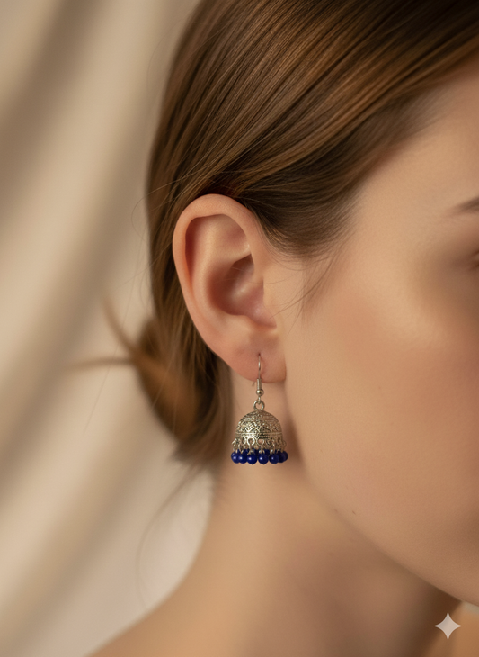Tania Silver Jhumki (blue beads)