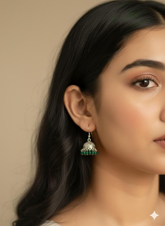 Tania Silver Jhumki ( Green beads)