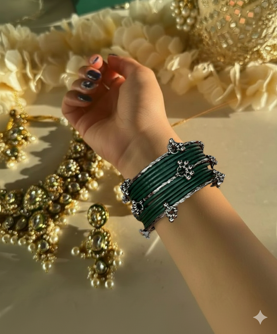 Viral Ghungroo matt bangles- green and silver