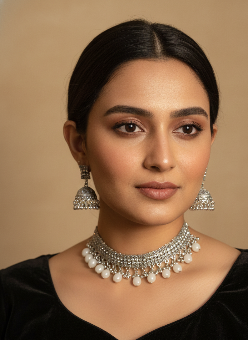 Chakoor chandi Set-grey beads(baharbano Collection)