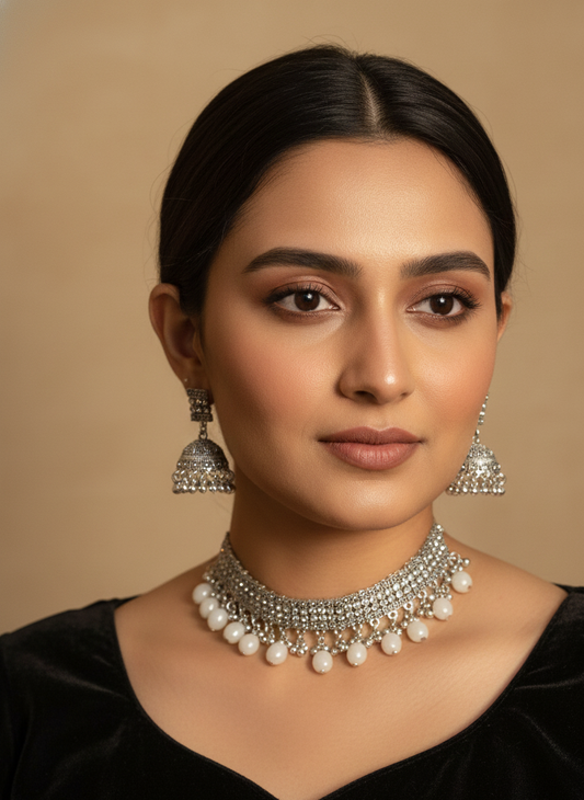 Chakoor chandi Set-grey beads(baharbano Collection)