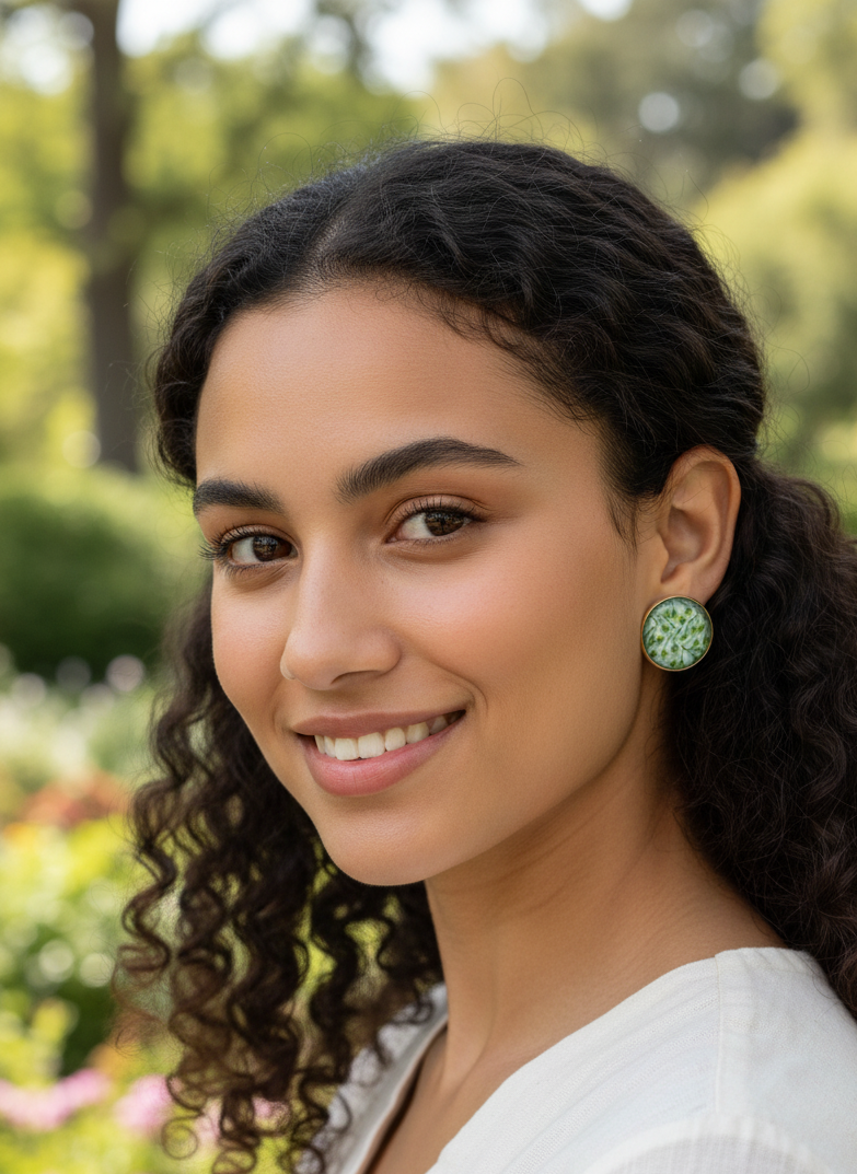 Printed summer breeze round earrings (green)