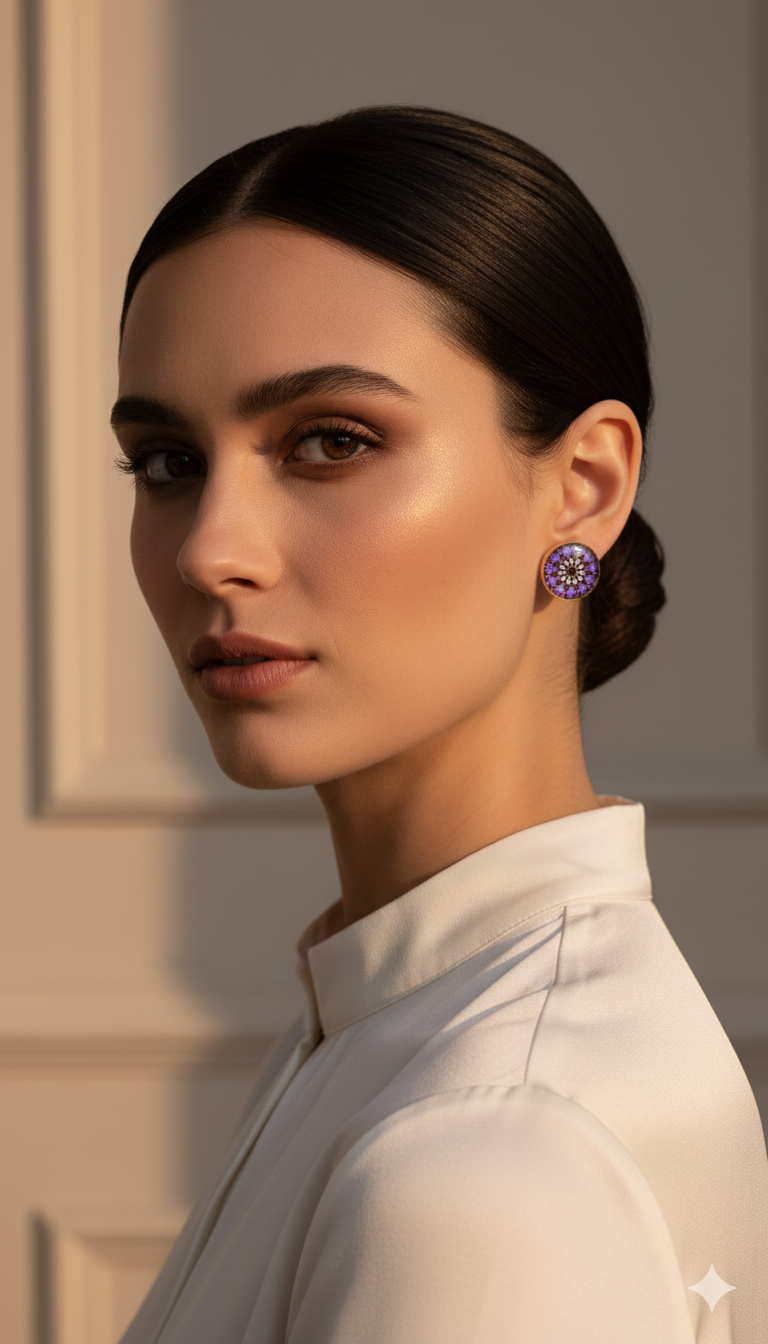 Printed summer breeze round earrings - Purple Black