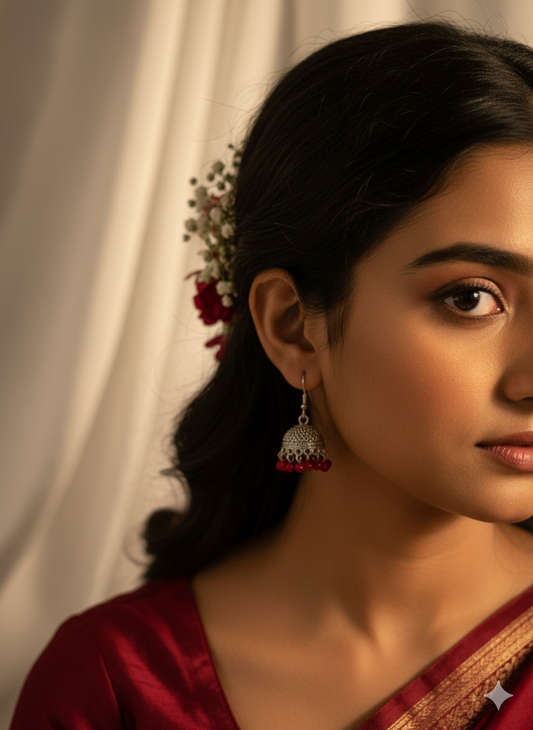 Tania Silver Jhumki (red beads)