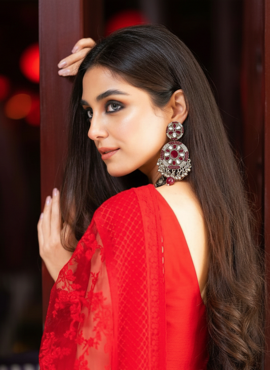 Fatima earring maroon and silver(Sheharbano)