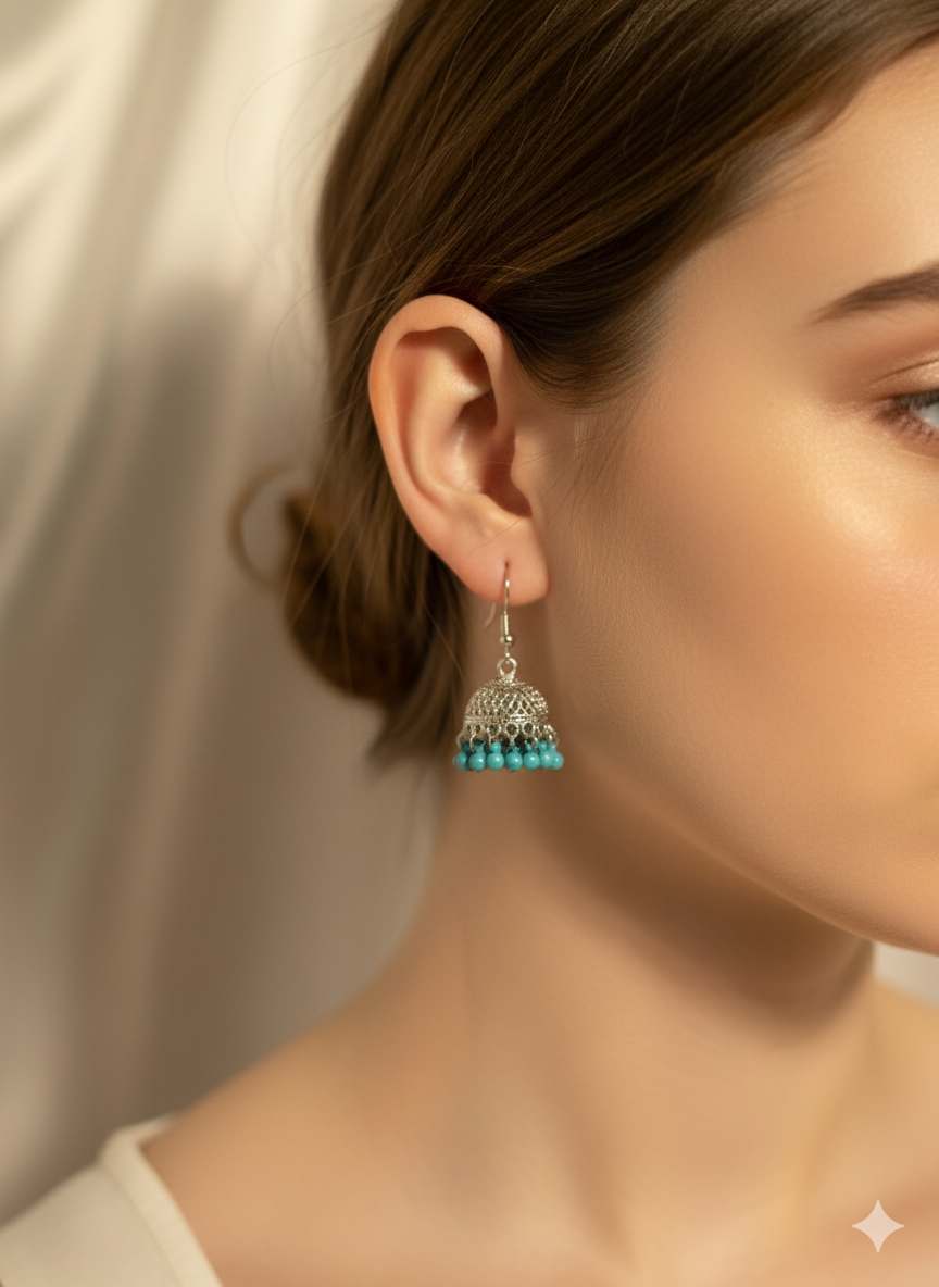 Tania Silver Jhumki (sky blue beads)