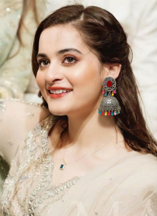 Oval Jhumki silver and multi- (Baharbano)