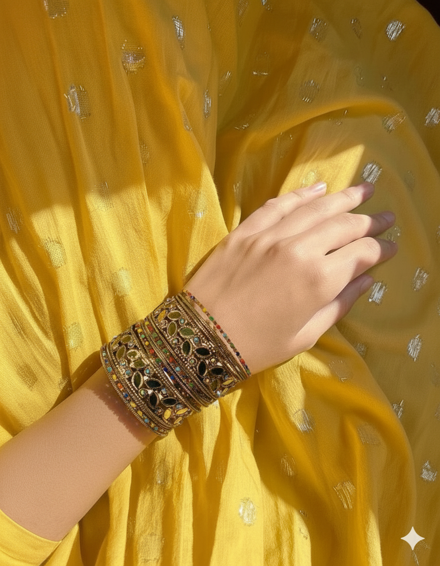 Gold booti karray with gold chooriyan set