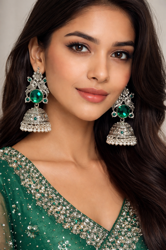 kashmiri Earrings - Silver Green