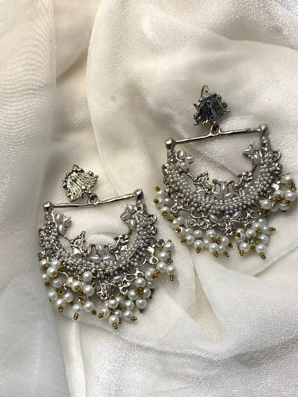 Peacock Earrings - Silver and white