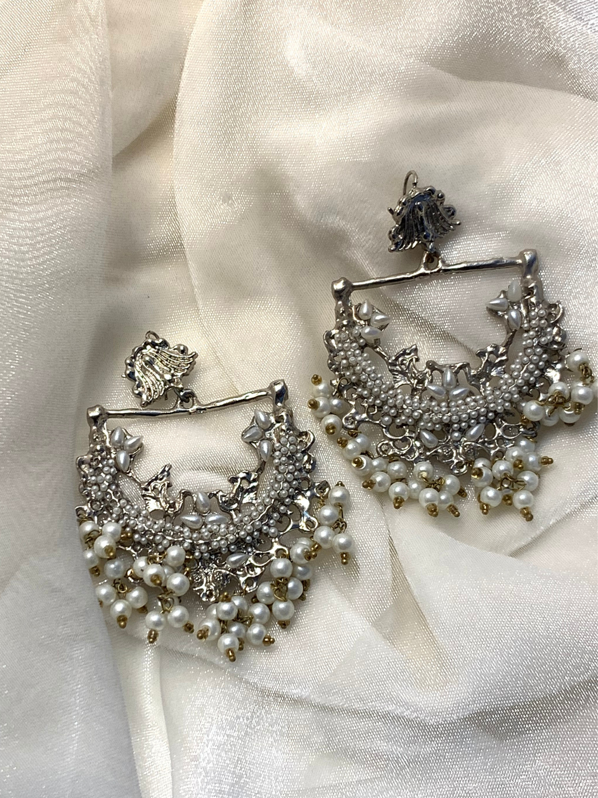 Peacock Earrings - Silver and white