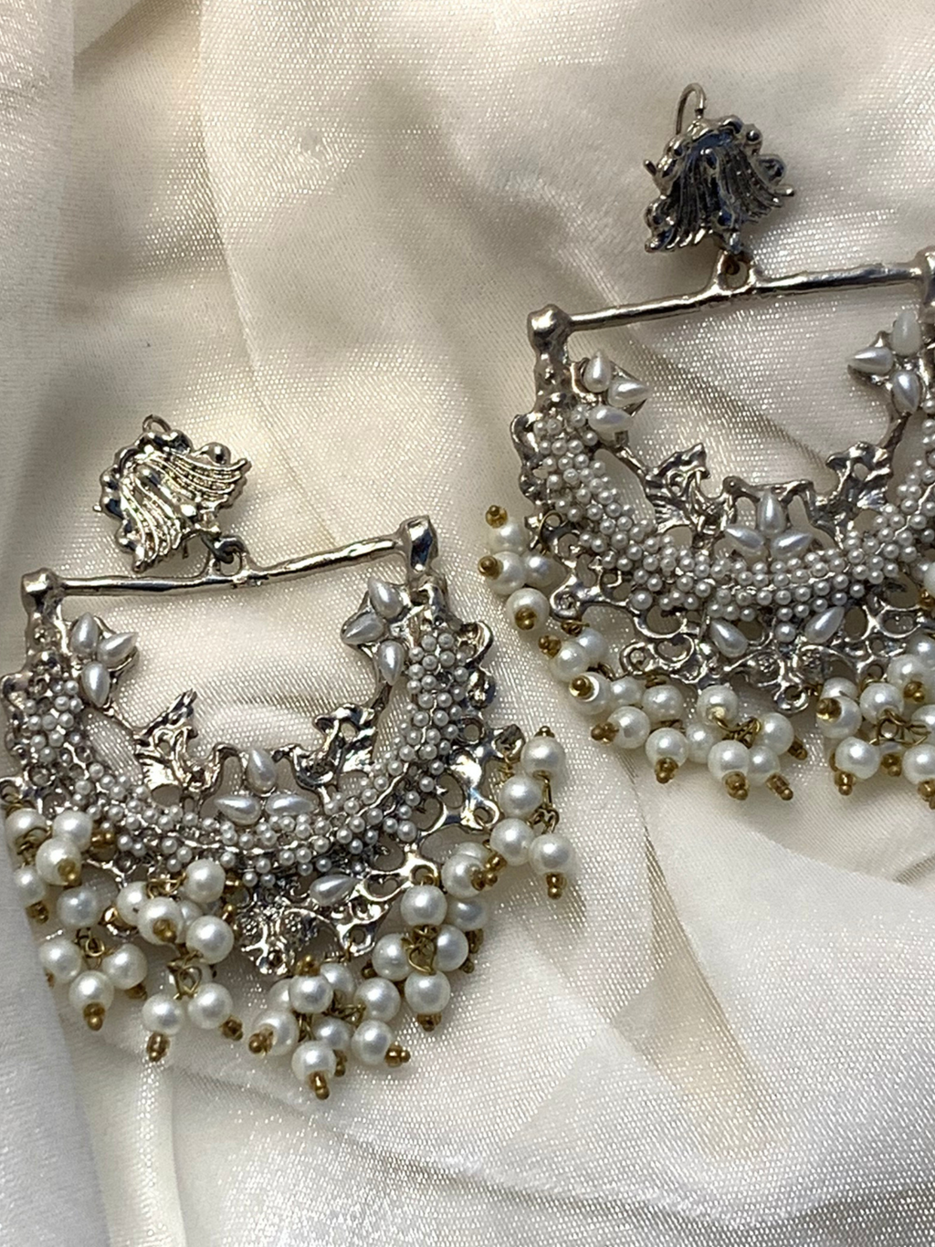 Peacock Earrings - Silver and white