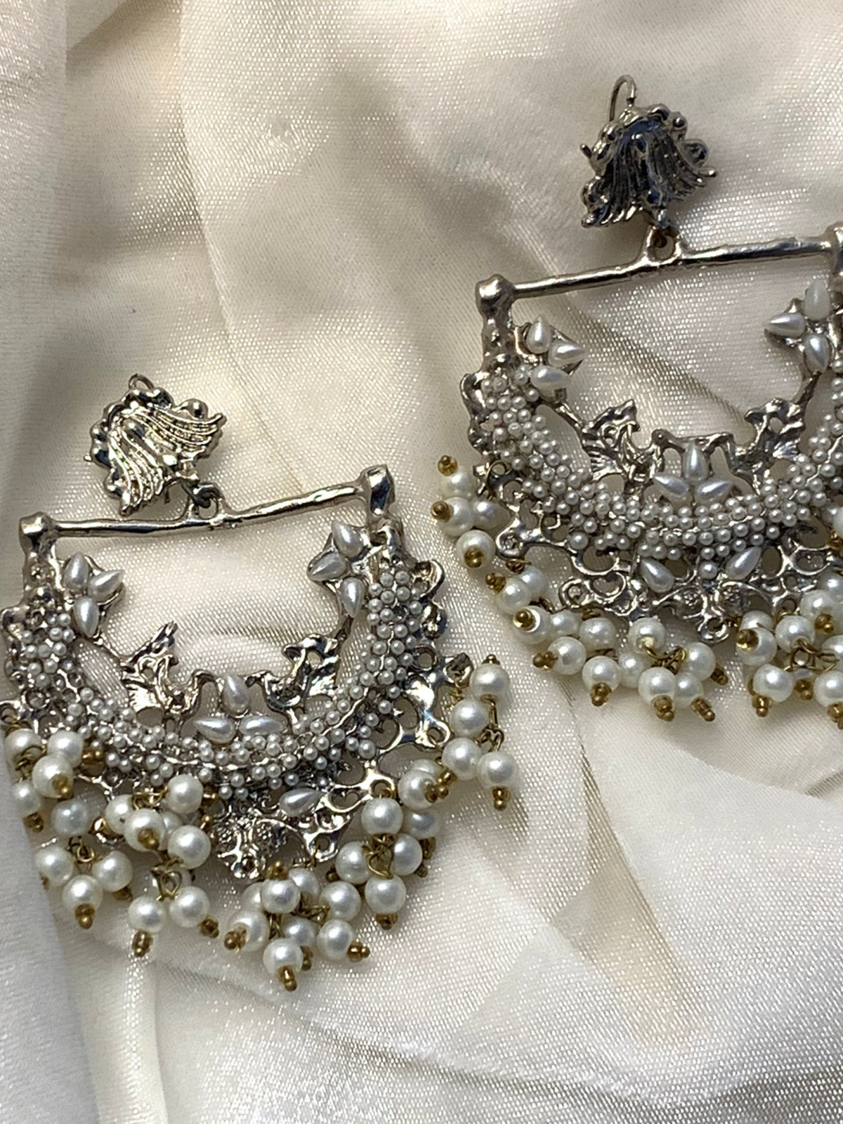 Peacock Earrings - Silver and white