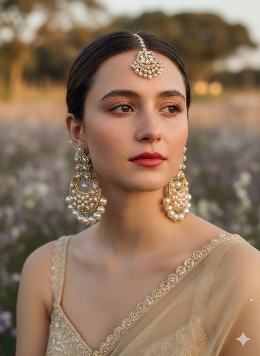 Zahra bindiya and jhumka set - White and Gold
