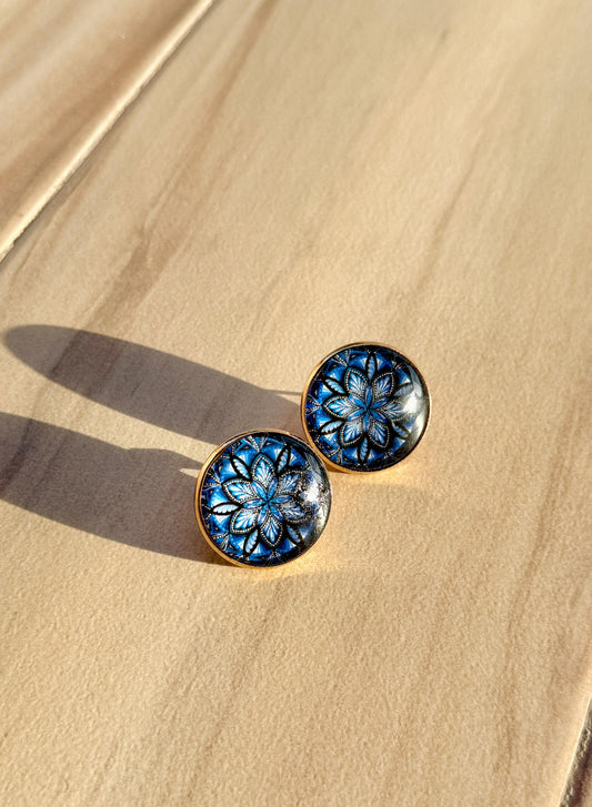 printed Summer breeze round earrings - Blue Black