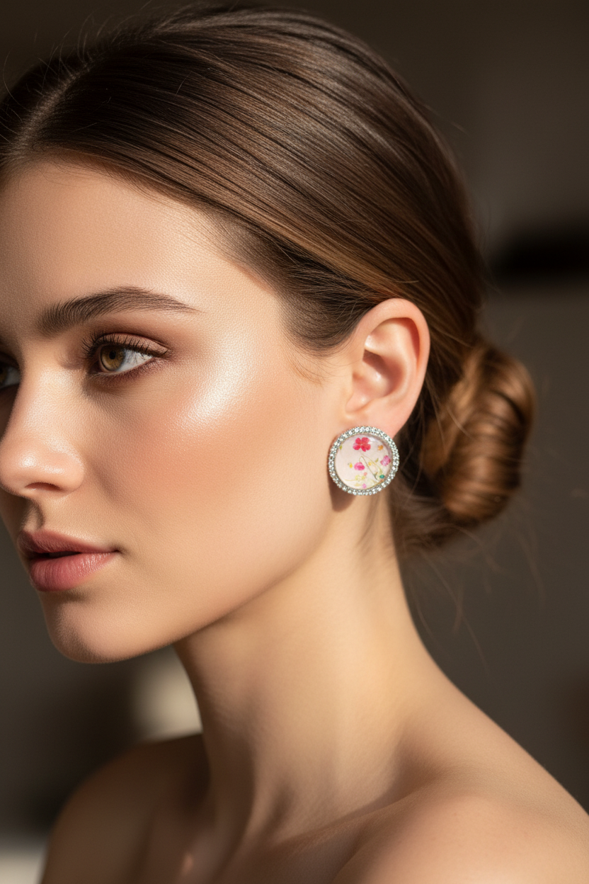 Summer bedazzled round earring - floral rose