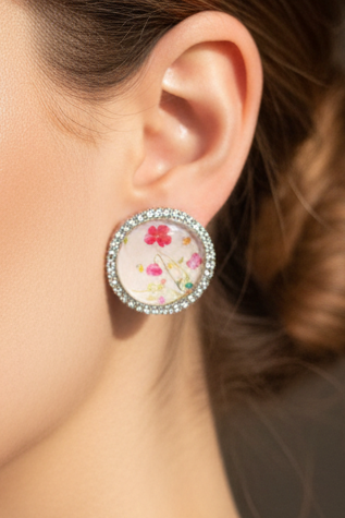 Summer bedazzled round earring - floral rose