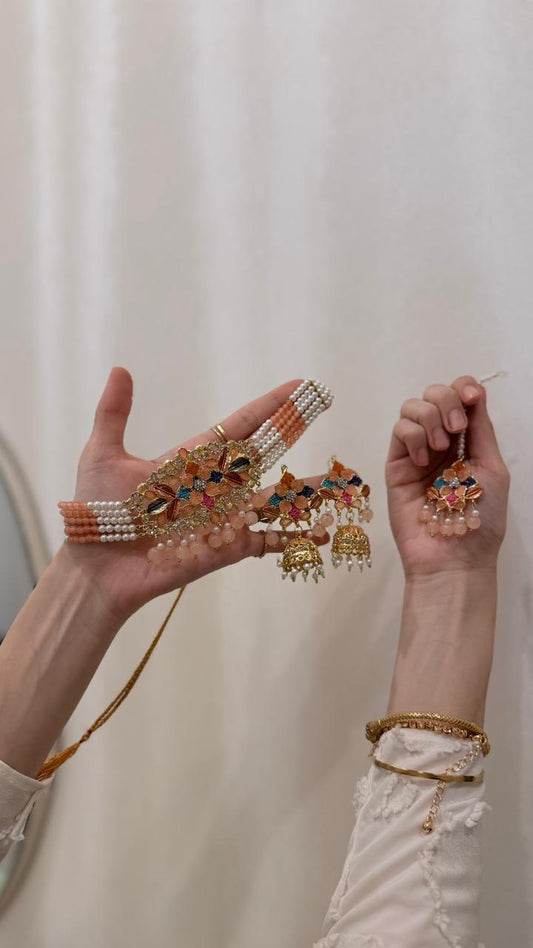 Husn-e-moti choker set Peach