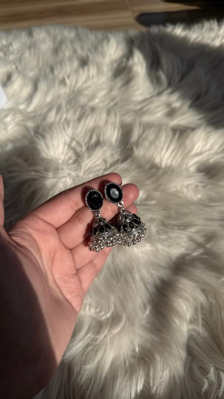 Oval Jhumki Black Silver