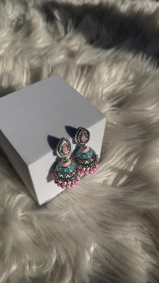 Leaf jhumki silver - Pink