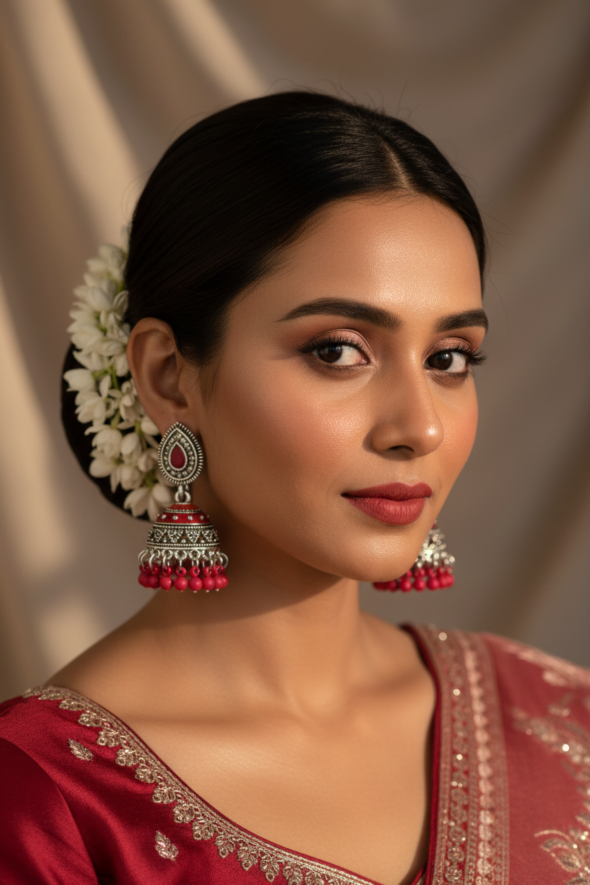Leaf jhumki silver - Red
