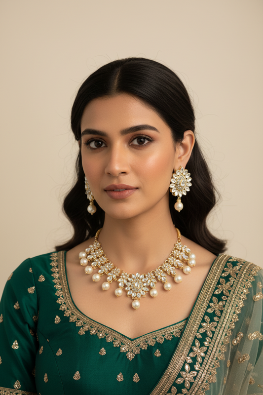 Kundan moti set - White