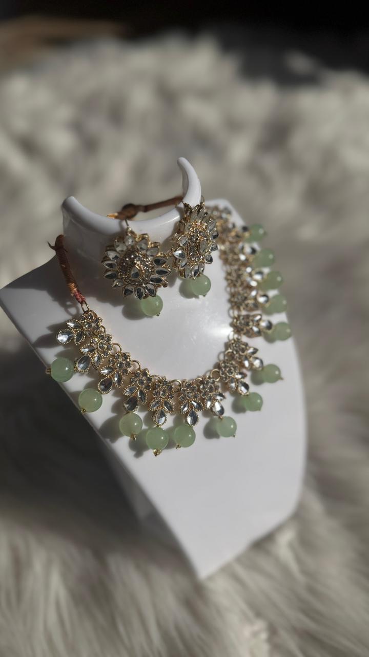 Kundan moti set - Sea Green