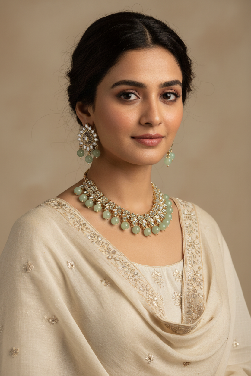 Kundan moti set - Sea Green