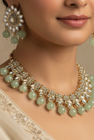 Kundan moti set - Sea Green