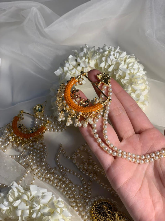 Peacock earrings with double pearl saharay-orange