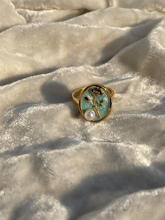 Enamel pearl ring (oval-turquoise)