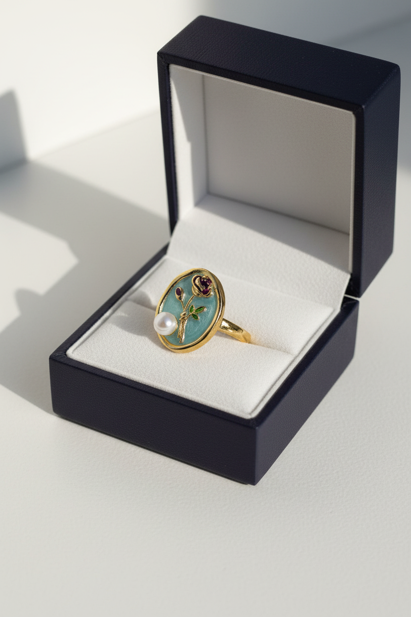 Enamel pearl ring (oval-turquoise)