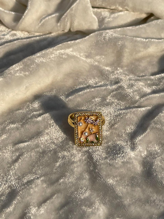 Enamel pearl ring (square-beige)