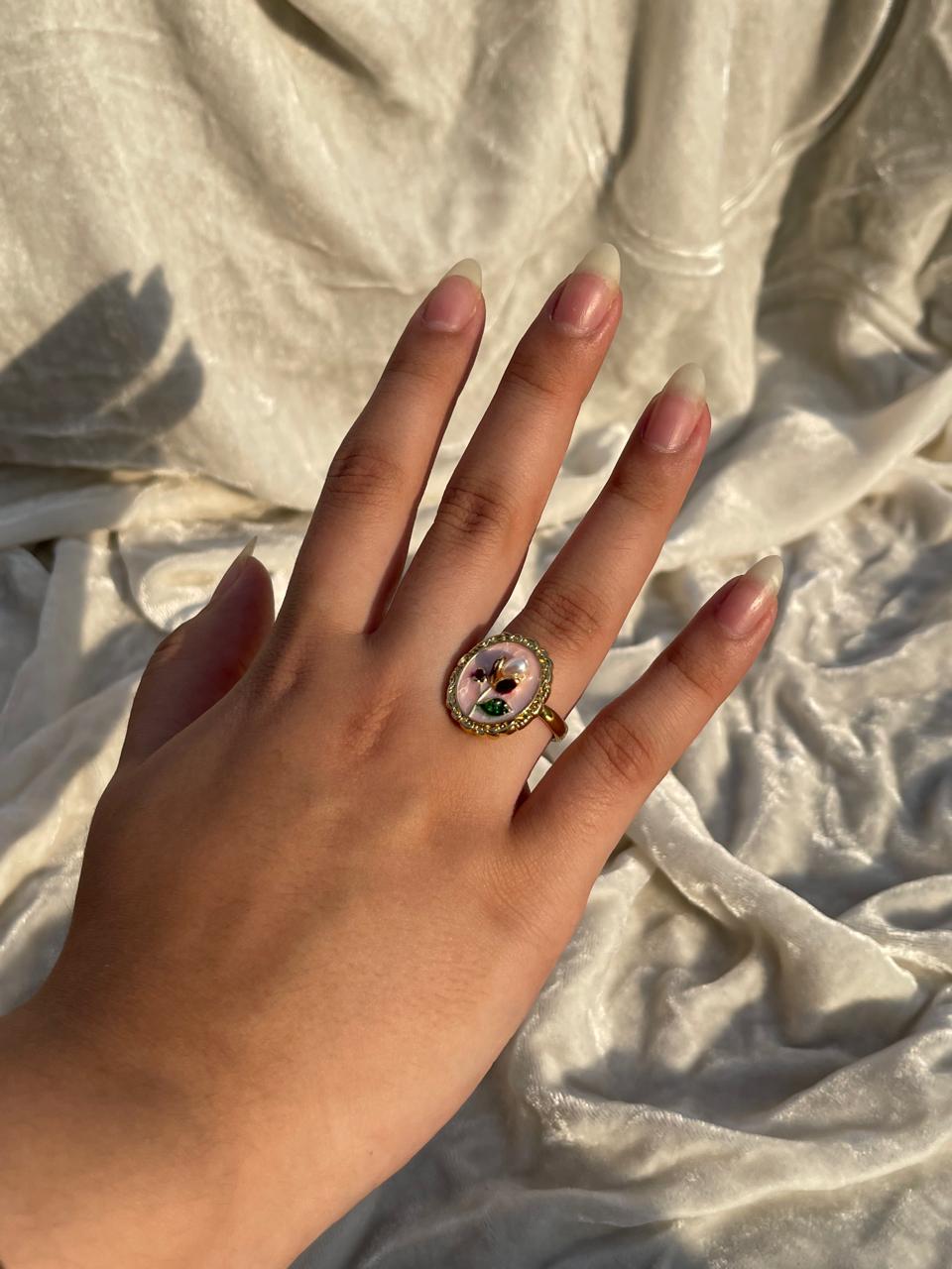 Enamel pearl ring (oval bead-pink)