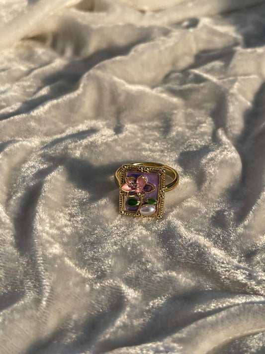 Enamel pearl ring (purple -flower bead)