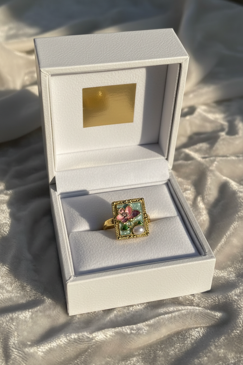 Enamel pearl ring (turquoise-flower bead)