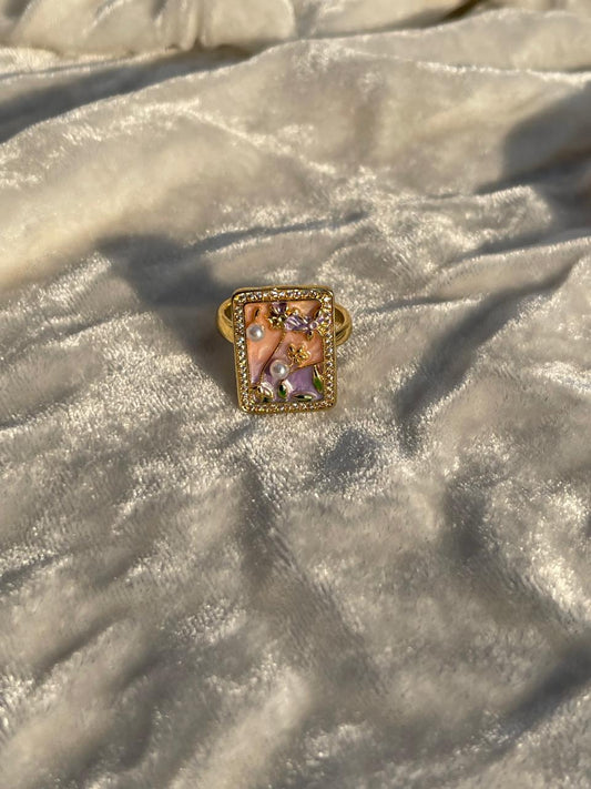 Enamel pearl ring (square-pink)