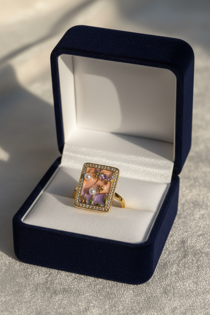 Enamel pearl ring (square-pink)