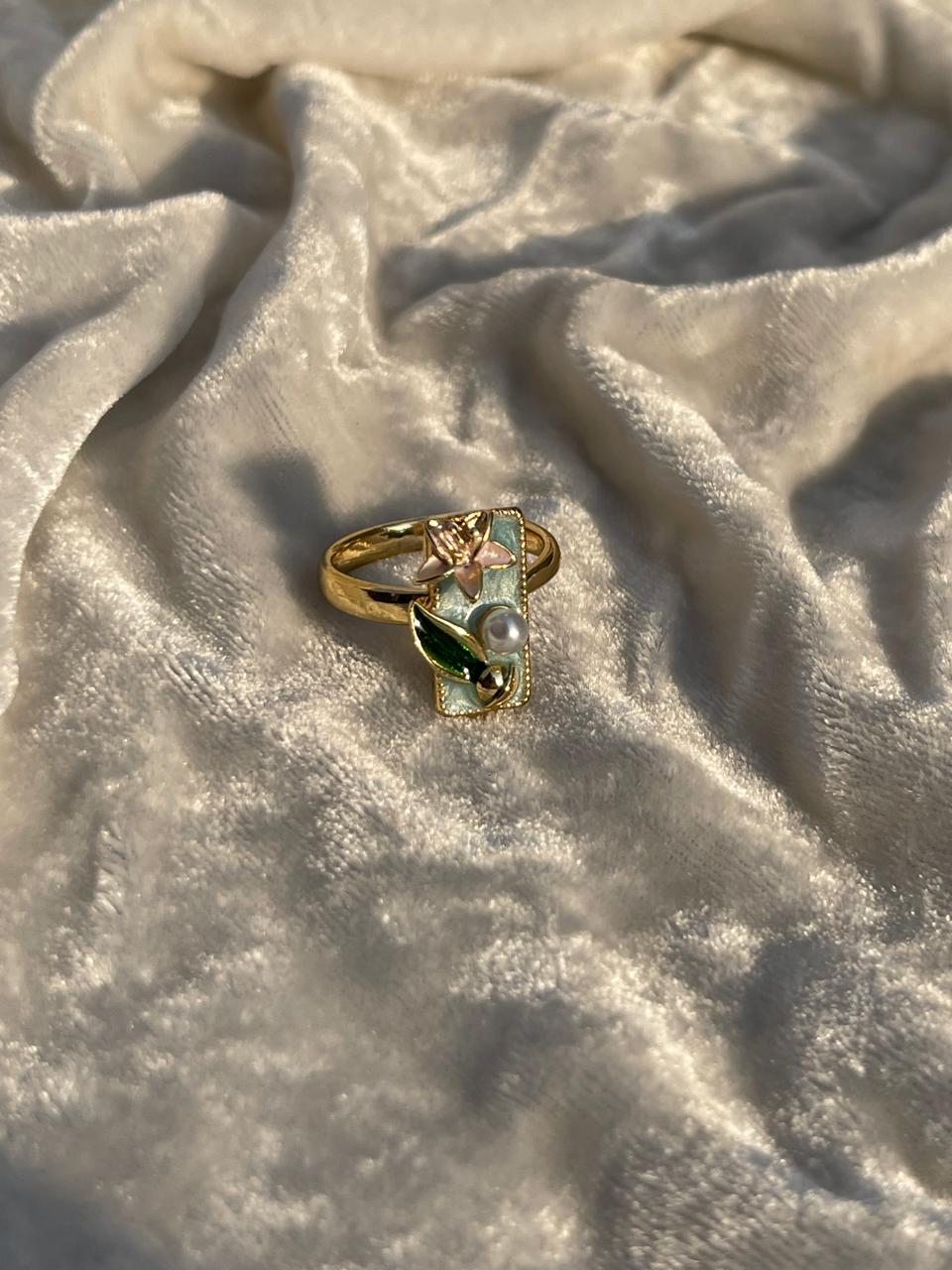 Enamel pearl ring (rectangle-turquoise)