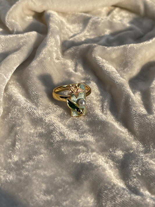 Enamel pearl ring (rectangle-turquoise)