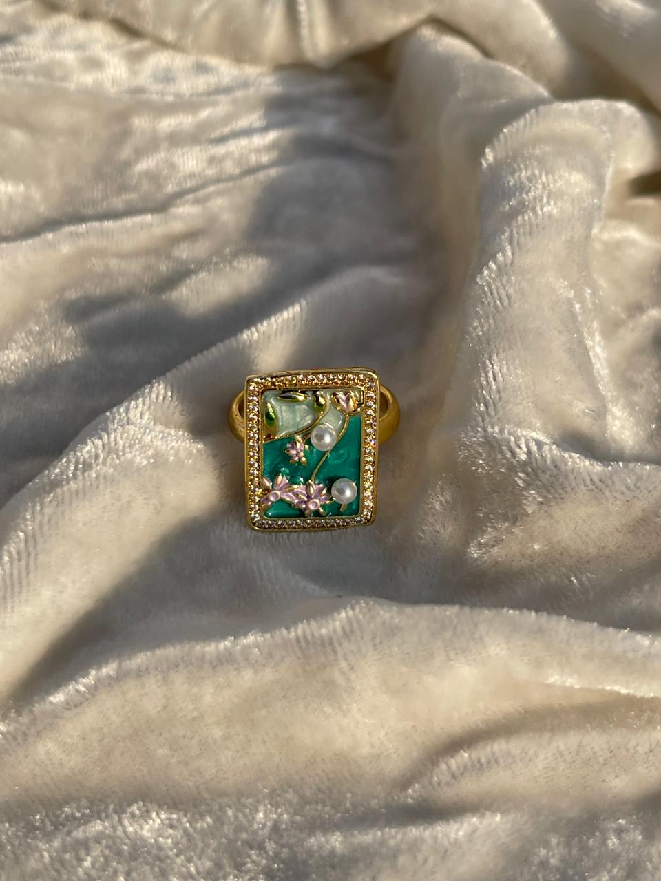 Enamel pearl ring (square-turquoise)