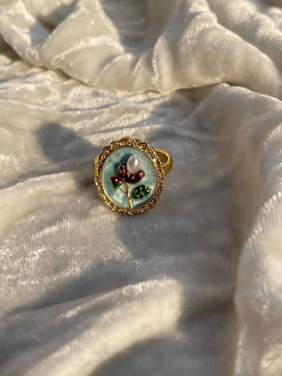 Enamel pearl ring (oval bead-turquoise)