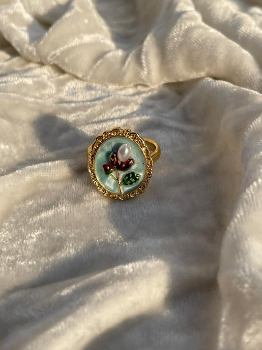 Enamel pearl ring (oval bead-turquoise)