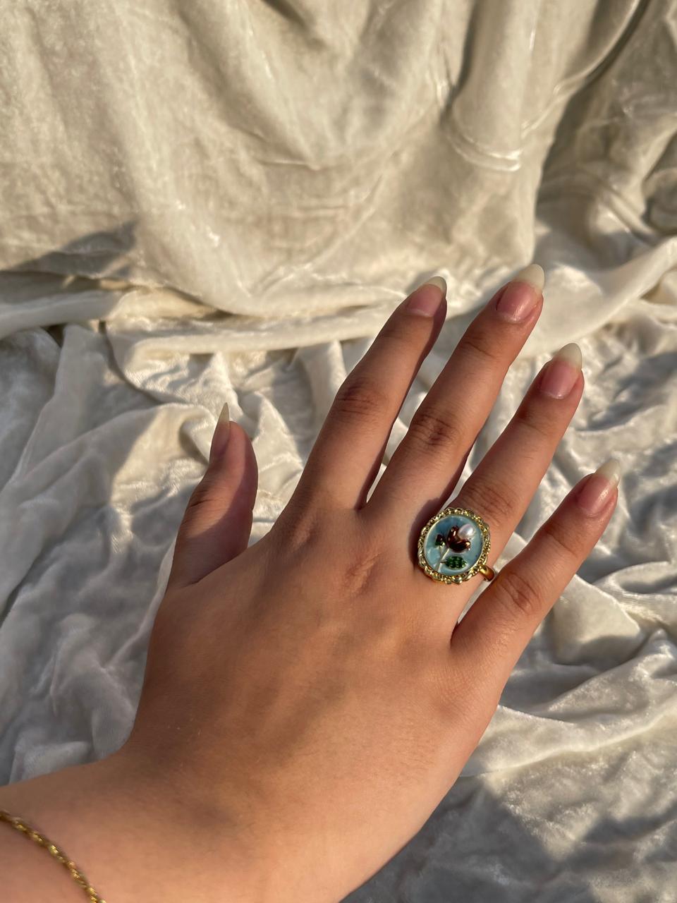 Enamel pearl ring (oval bead-turquoise)
