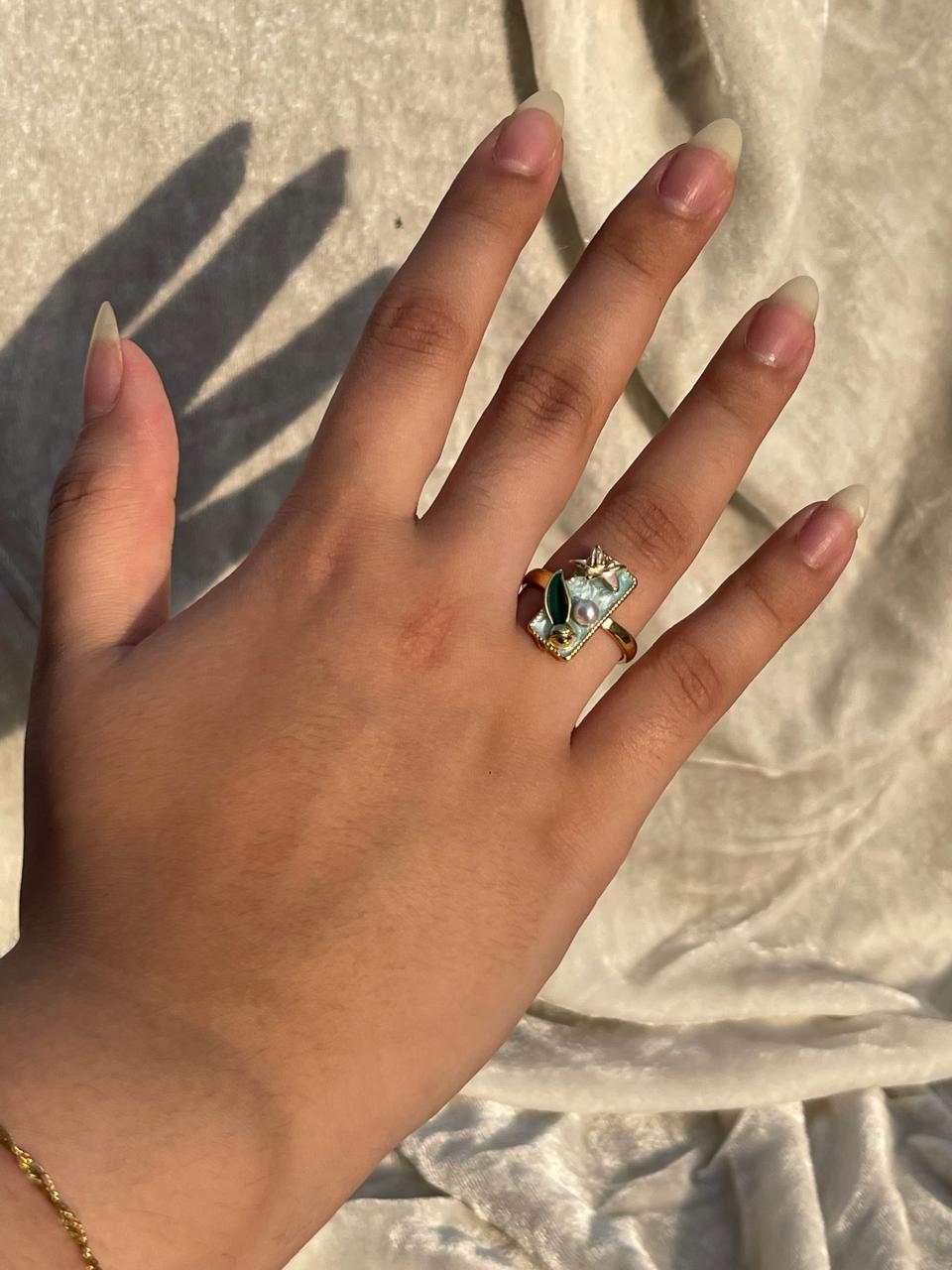 Enamel pearl ring (rectangle-turquoise)