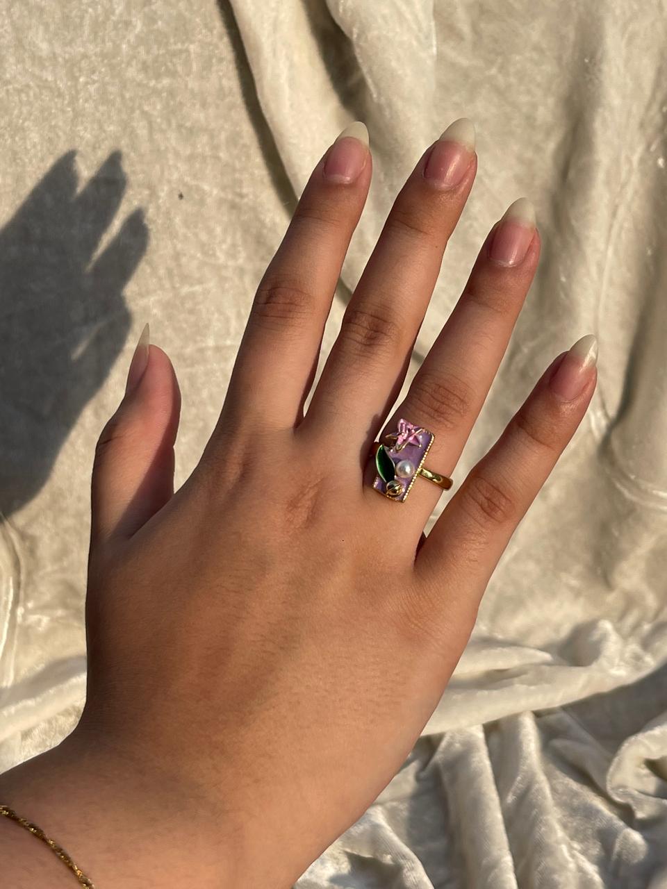 Enamel pearl ring (rectangle-purple)