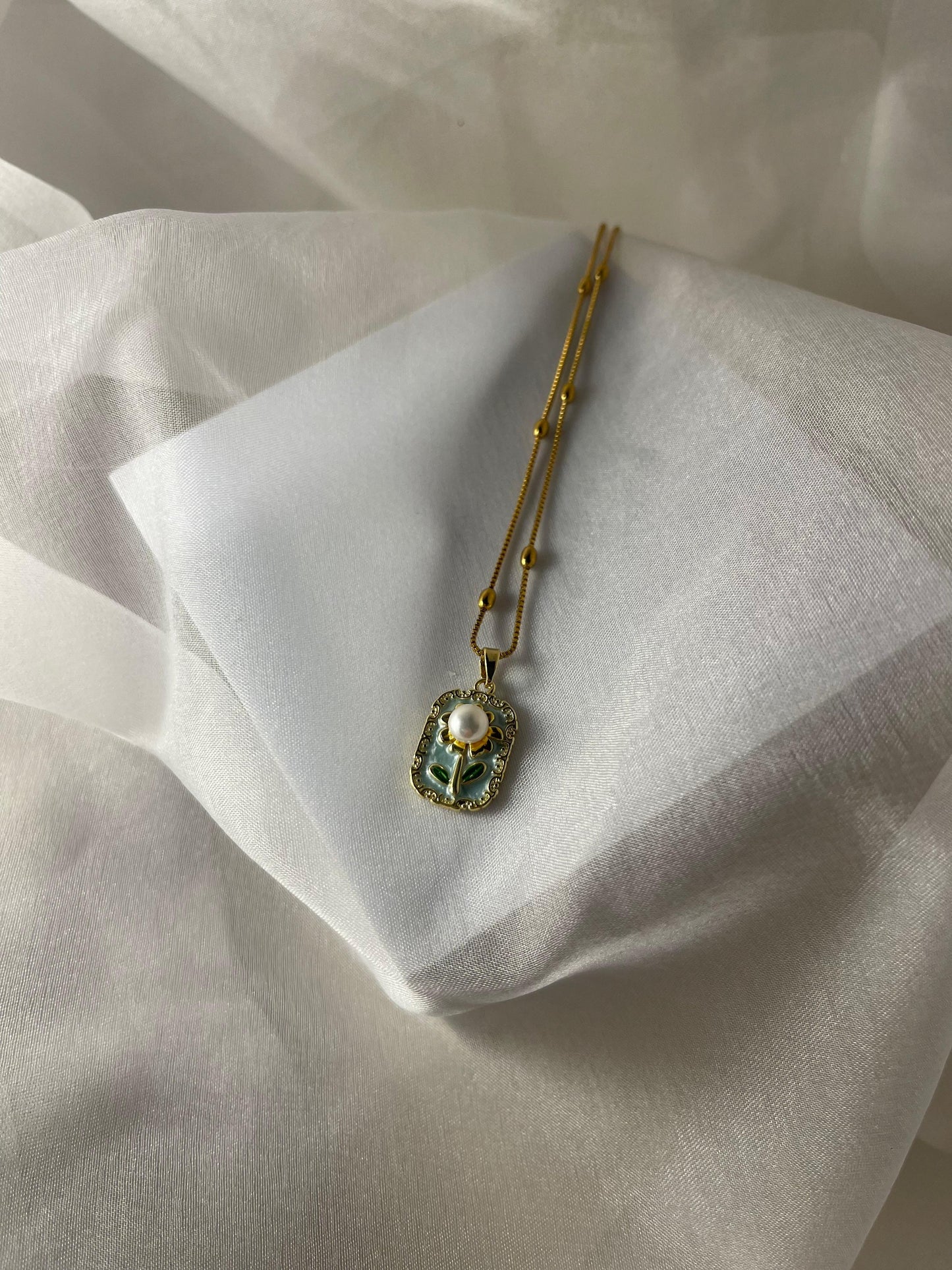 Enamel pearl neck lace (flower-turquoise)