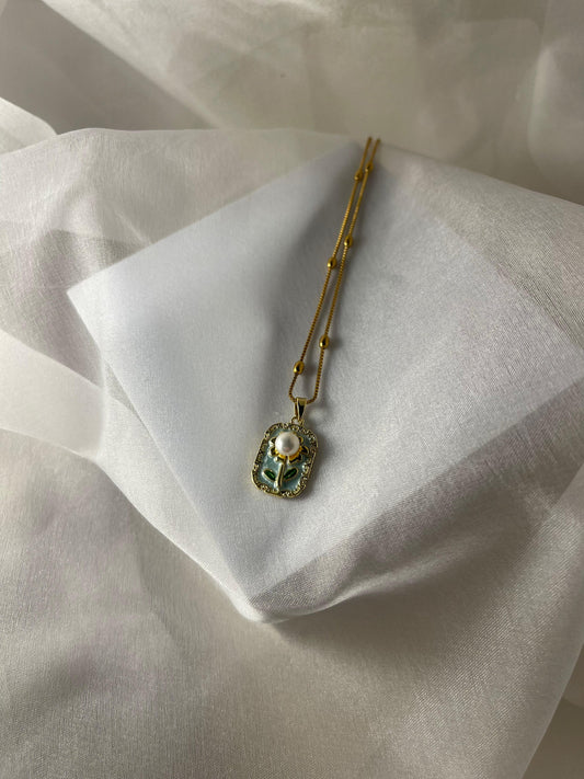 Enamel pearl neck lace (flower-turquoise)