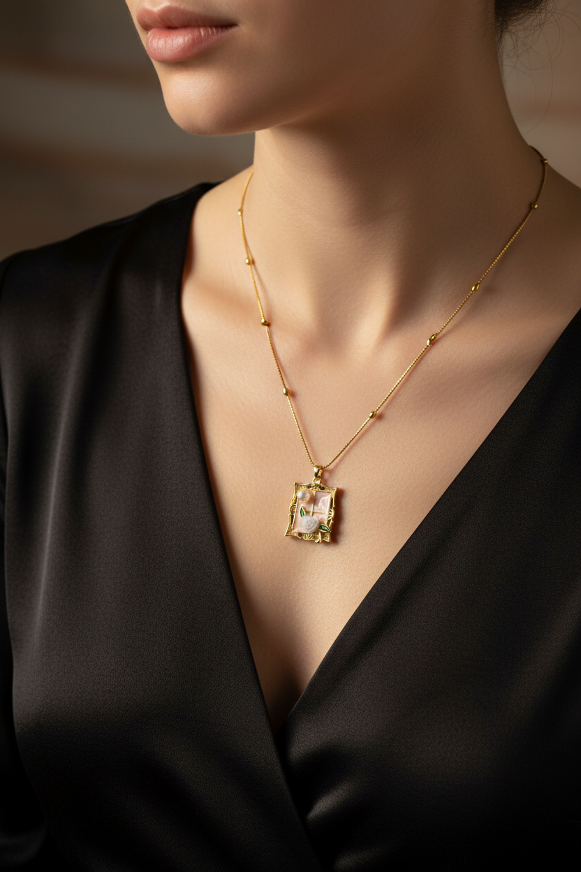 Enamel pearl necklace (Classic Pearl Rose)-beige